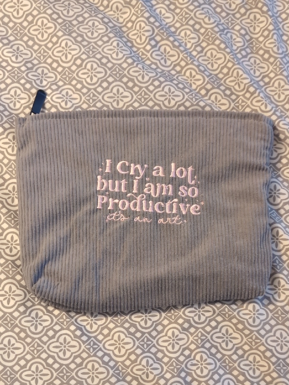 Taylor swift Gray Corduroy Zip Pouch with Pink Embroidery